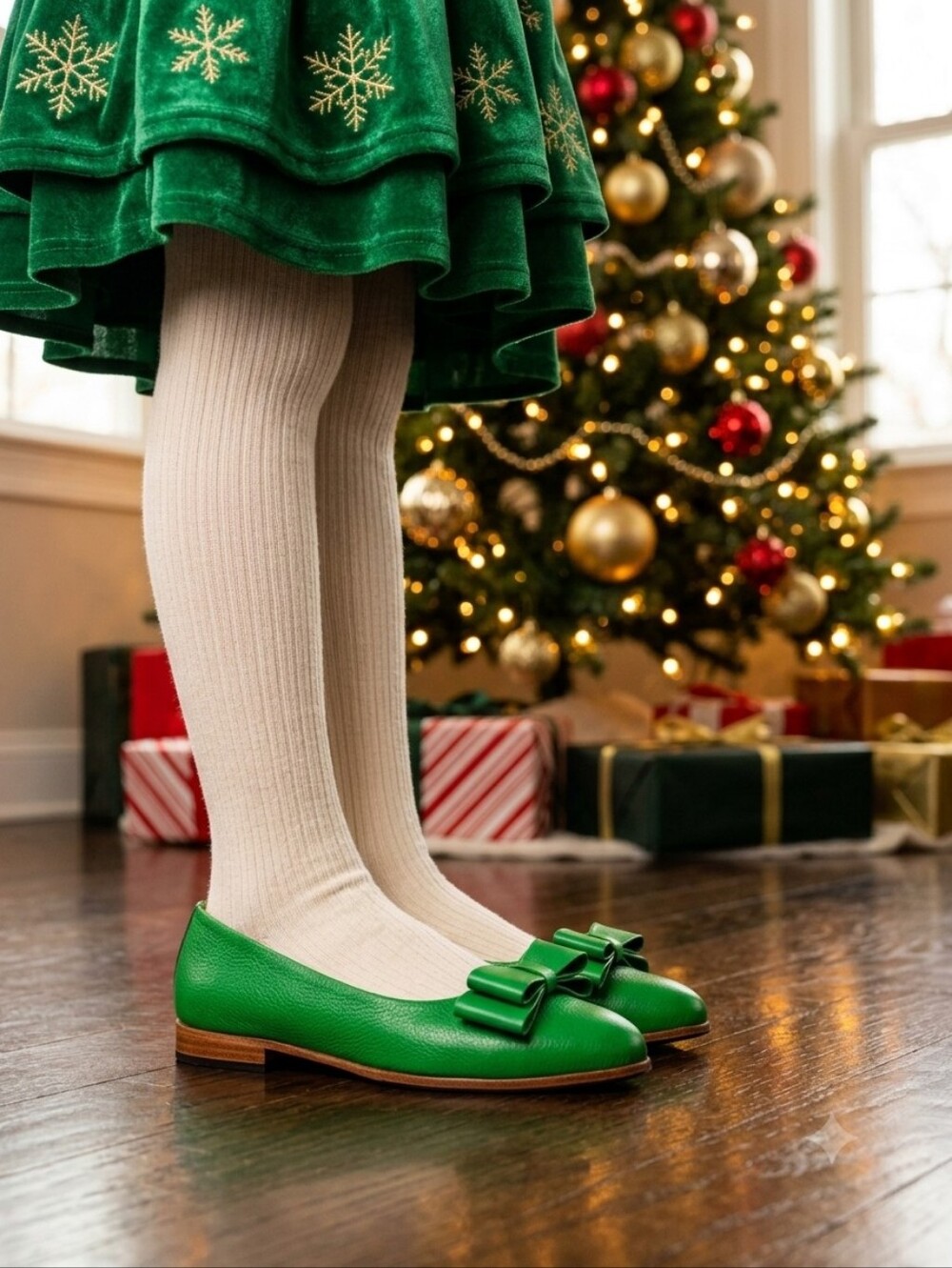 NIB Two Pretty Girls Handcrafted Green Leather Ballet Flats - Bow Detail -